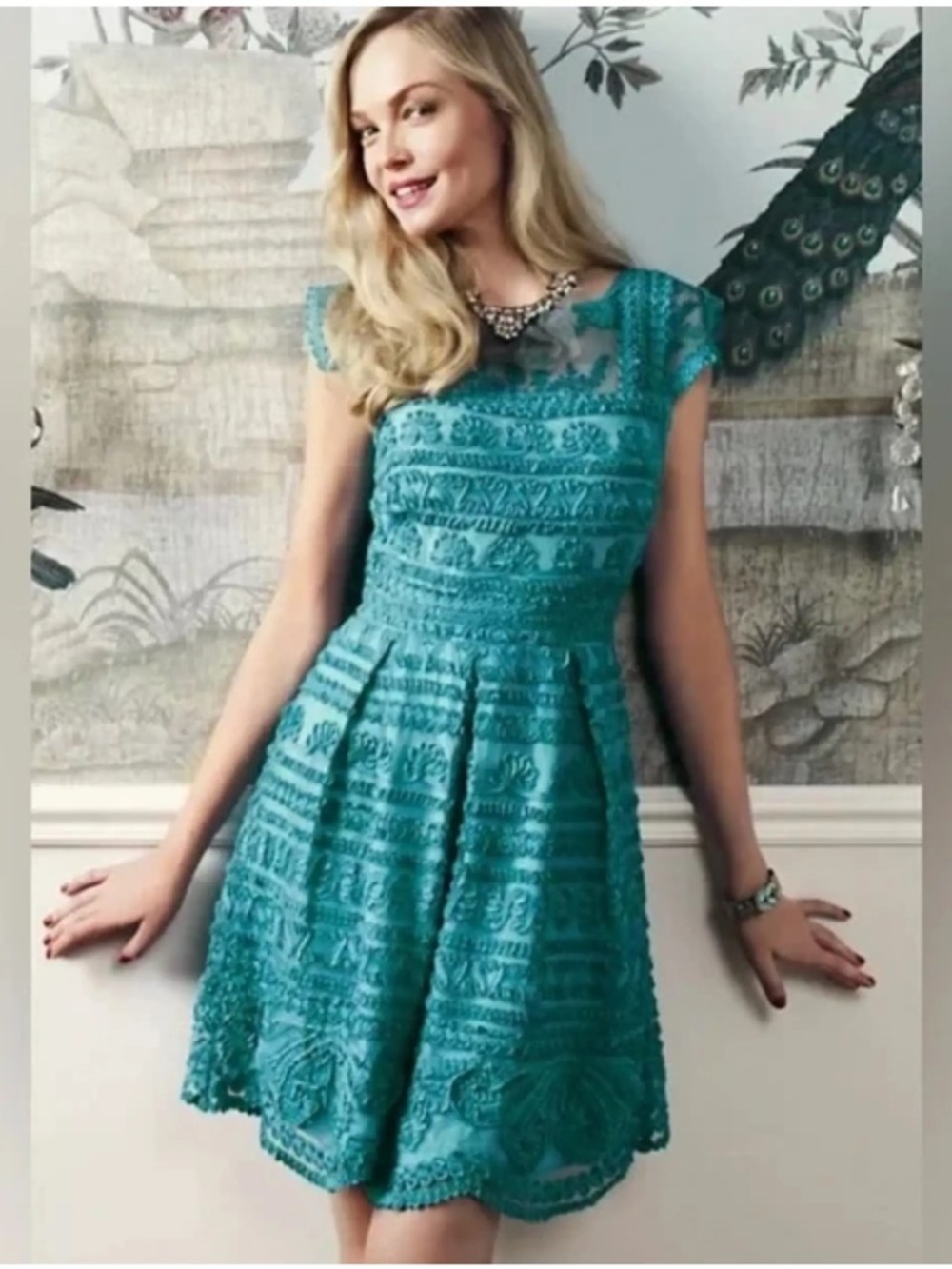 Anthropologie Yoana Baraschi Whimsical Light Teal Embroidered Lace Dress Size 0